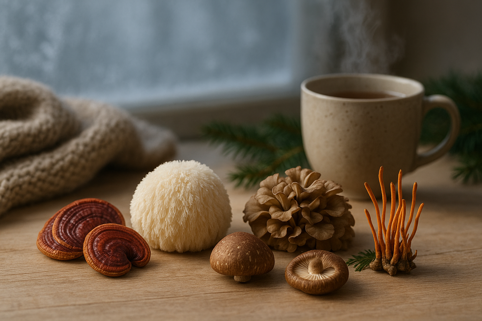Nature morte hivernale présentant cinq champignons adaptogènes pour renforcer l’immunité en hiver.
